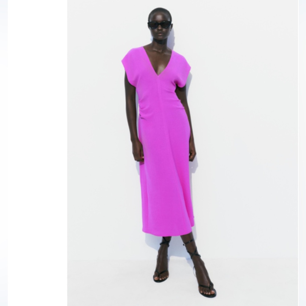 New Zara Flowy Gathered Dress Fuschia Dropped Neck XL Vibrant
